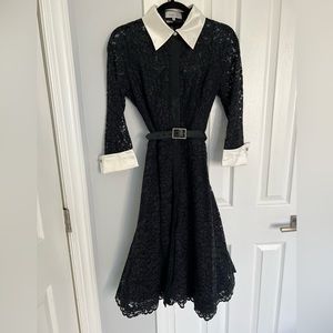 Teri Jon size 8 black lace dress with white taffeta cuffs and collar.